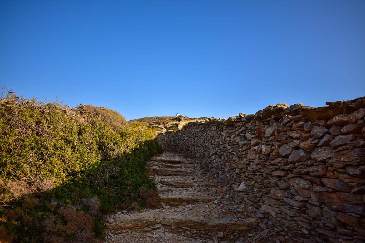 path with a stone wall and bushes leading to a church