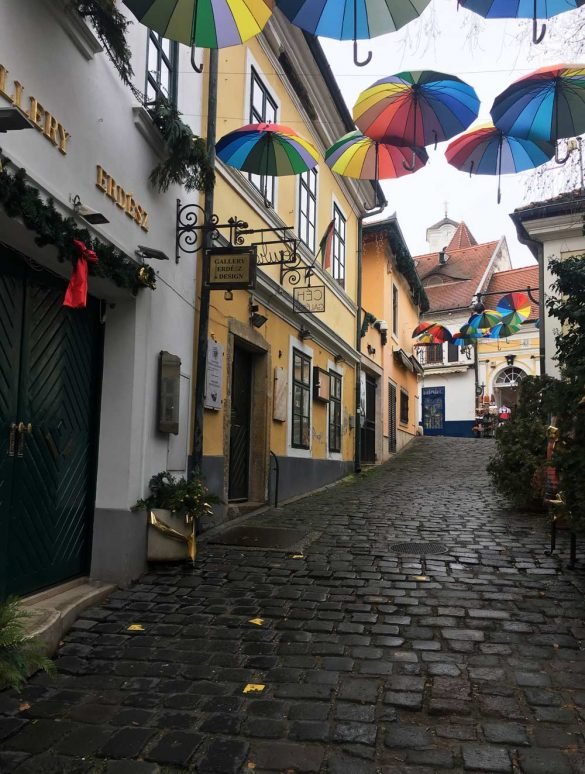 narrow street with umbrellas at the artists' village szentendre