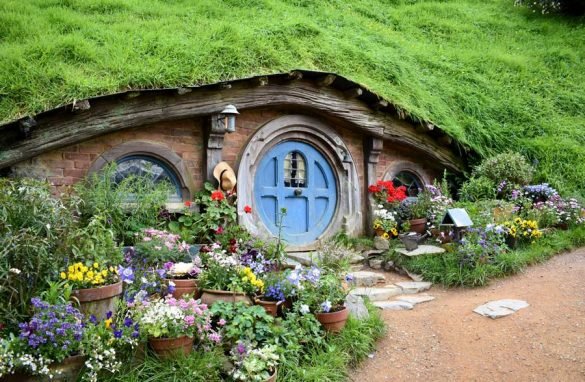Hobbiton – New Zealand a blue door at a hobbit house with a garden