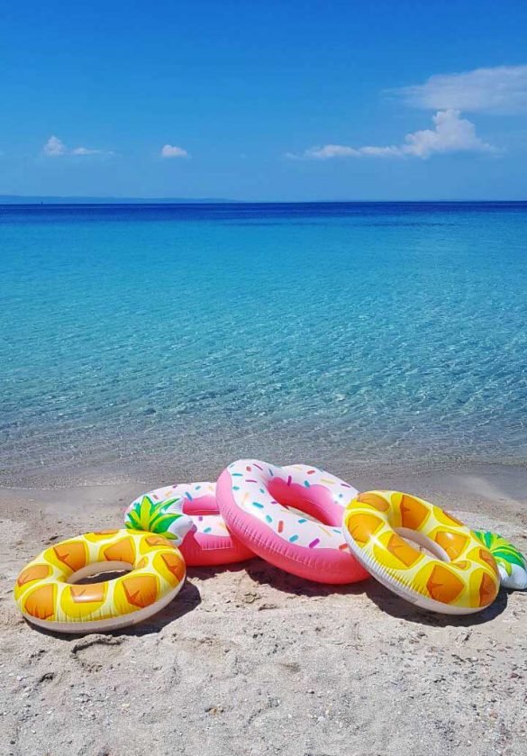 four inflatable toys for sea in front of the sea at kalogria beach