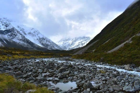 Hooker Valley – Aoraki/ Mount Cook National Park, New Zealand hooker river with mount cook in fog in the background