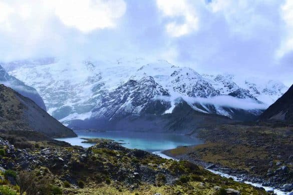 Mueller Lake – Aoraki/ Mount Cook National Park, New Zealand mueller lake and the snow capped mount sefton at hooker valley track
